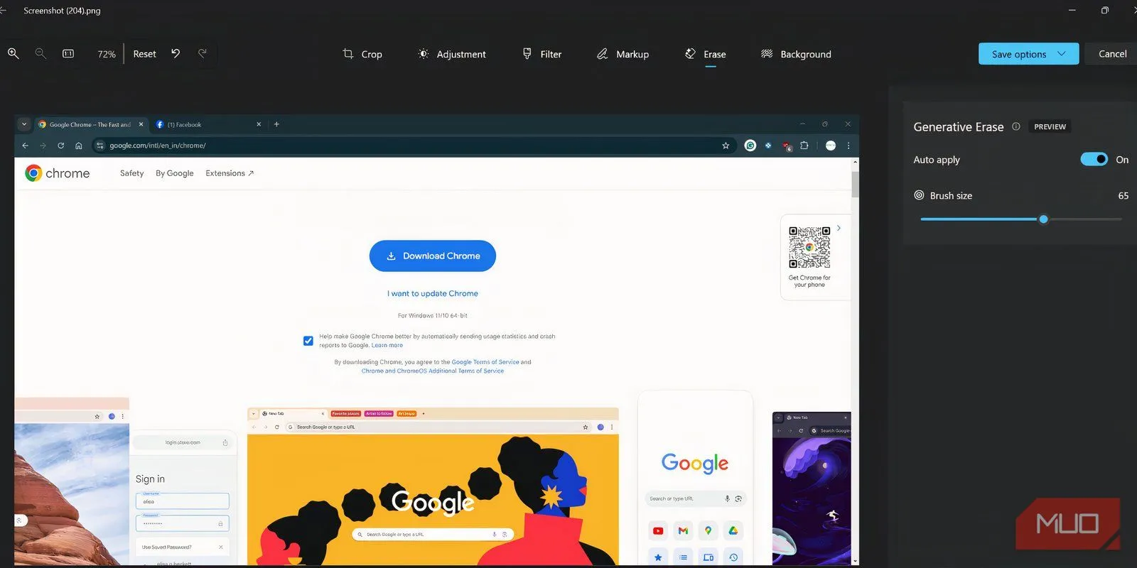 Giao diện chỉnh sửa ứng dụng Microsoft Photos với tùy chọn Xóa tạo sinh được chọn