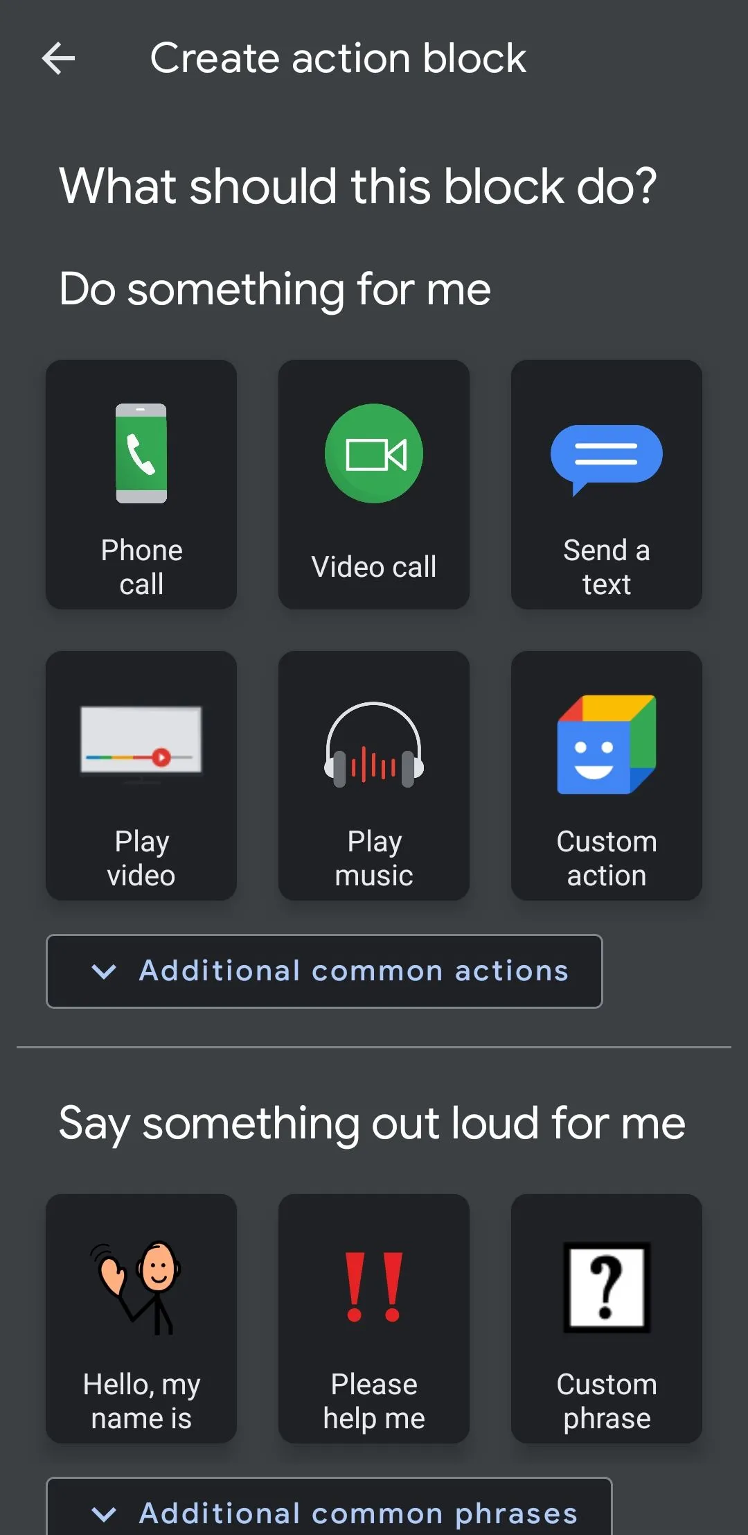 Giao diện chính ứng dụng Action Blocks trên điện thoại Android, hiển thị các khối hành động tùy chỉnh