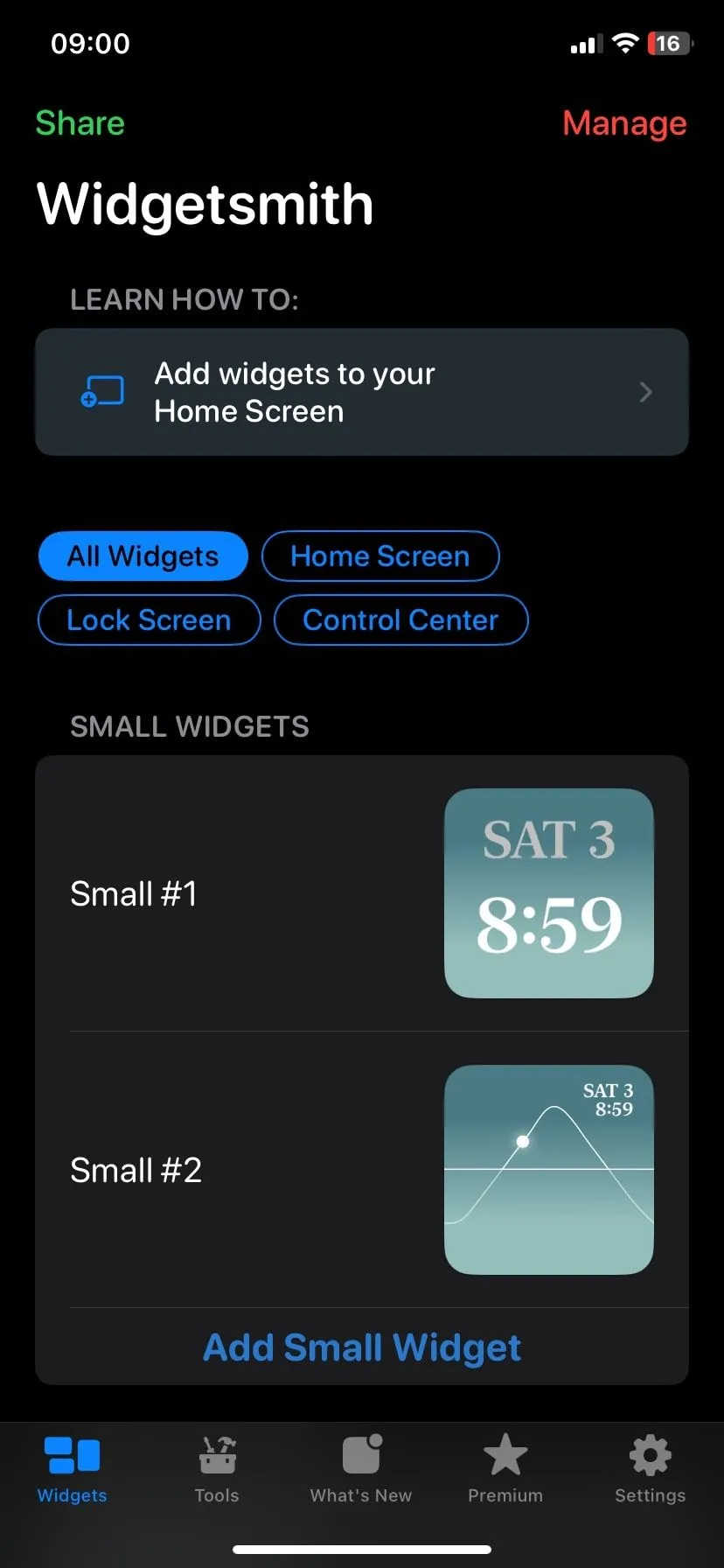 Giao diện chính ứng dụng Widgetsmith trên iPhone với các tùy chọn tạo widget mới