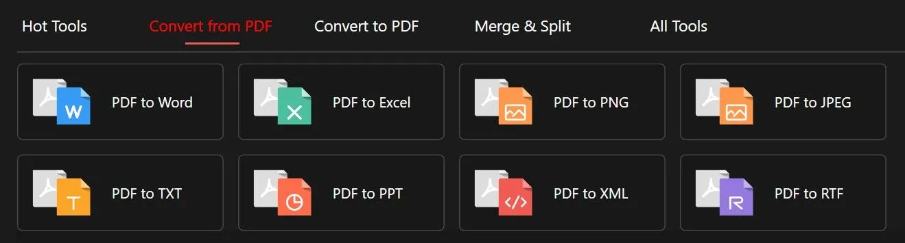 Giao diện chuyển đổi PDF sang các định dạng khác trong PDFGear