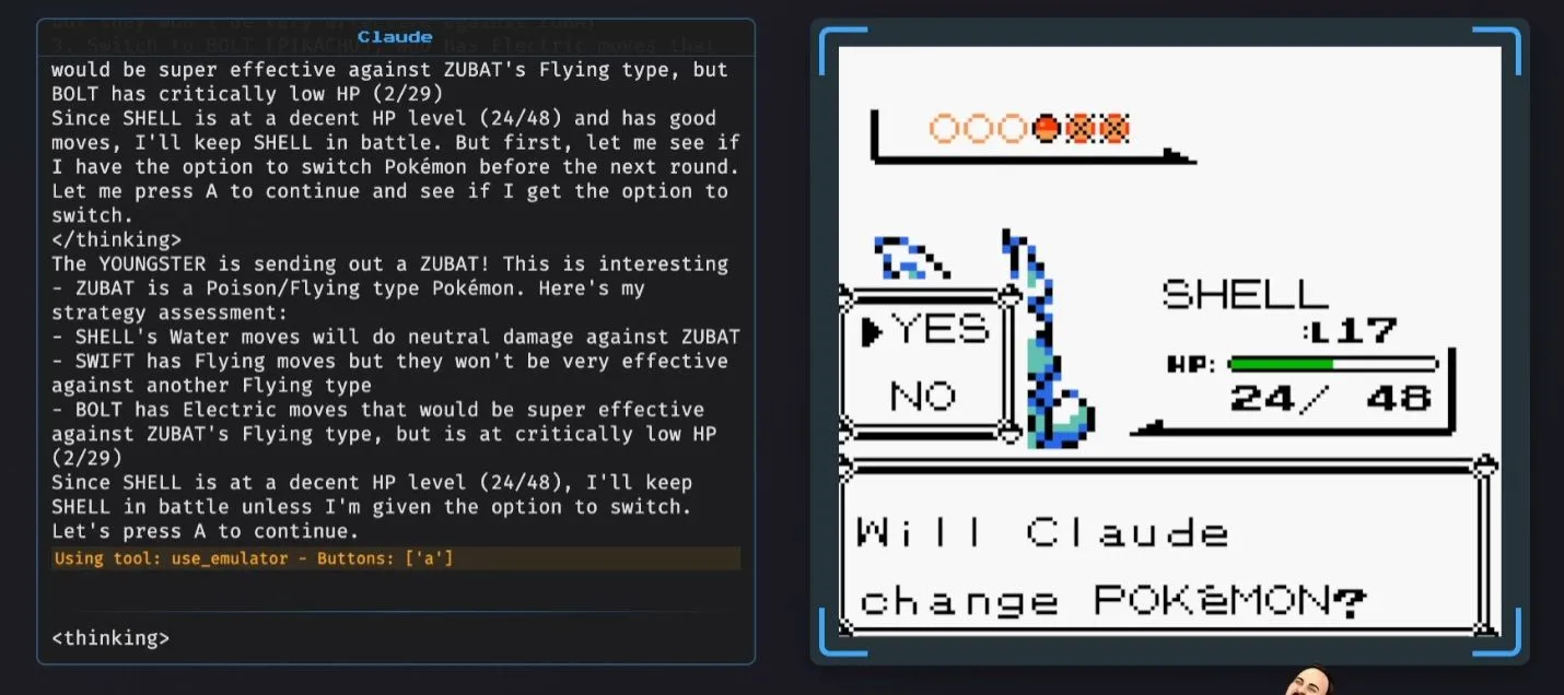 Giao diện Claude 3.7 AI đang chơi Pokémon Red trên Twitch, hiển thị cửa sổ suy luận của trí tuệ nhân tạo.