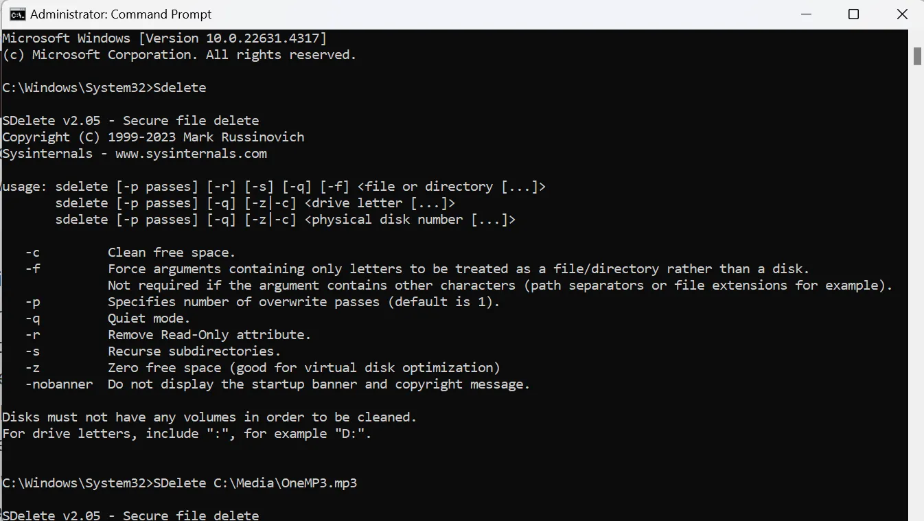 Giao diện Command Prompt hiển thị lệnh SDelete và hộp thoại cấp phép SDelete License Agreement.