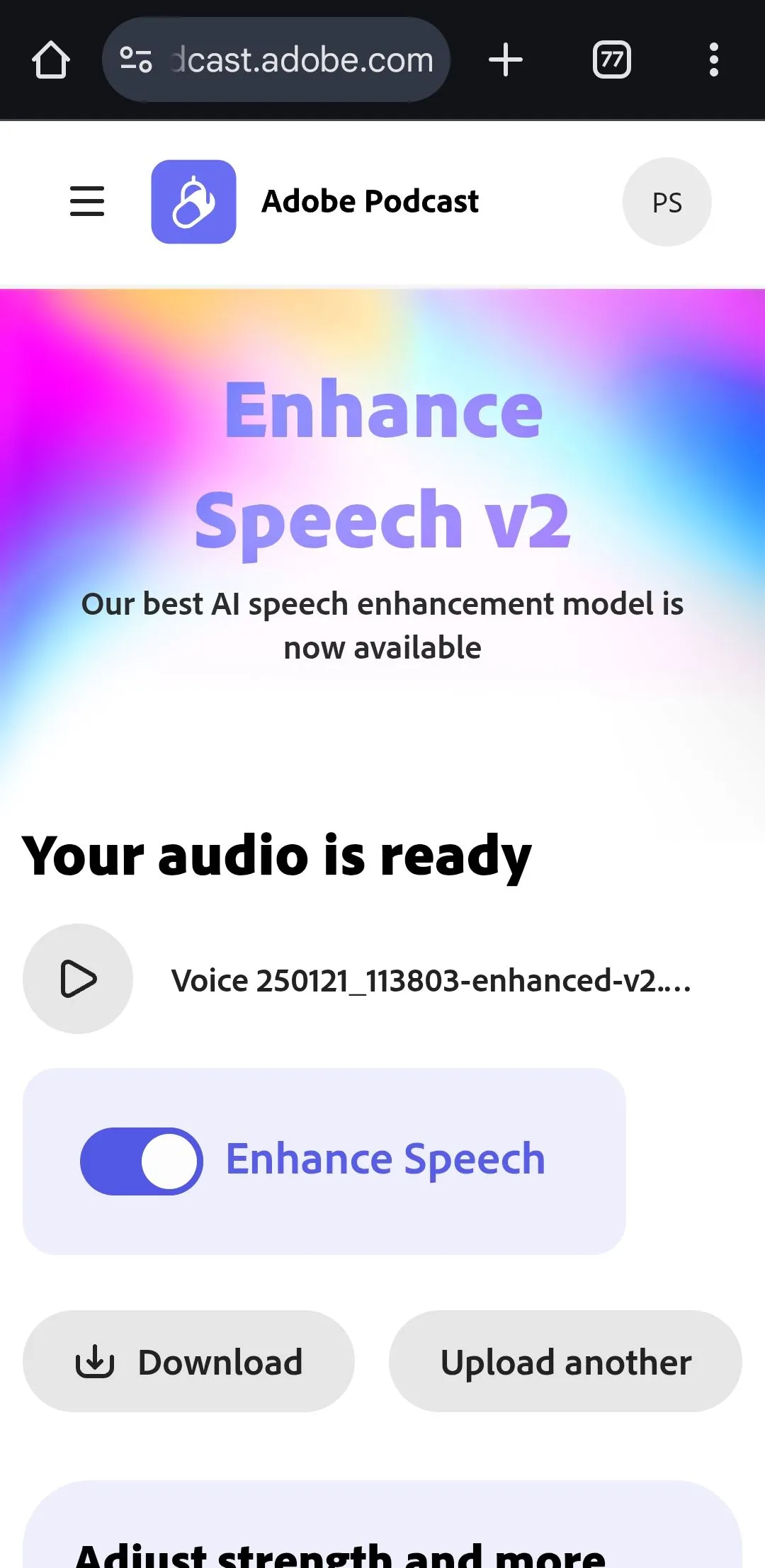 Giao diện công cụ Adobe Enhance Speech giúp loại bỏ tiếng ồn nền từ file âm thanh