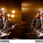 Giao diện công cụ AIEase áp dụng hiệu ứng motion blur lên hình ảnh biểu diễn nhạc rock, cho thấy ánh sáng sân khấu và chuyển động của nghệ sĩ guitar