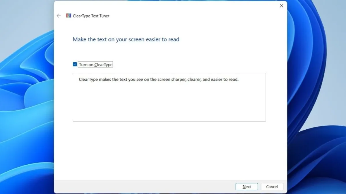 Giao diện công cụ ClearType Text Tuner trên Windows giúp chỉnh sửa văn bản bị mờ