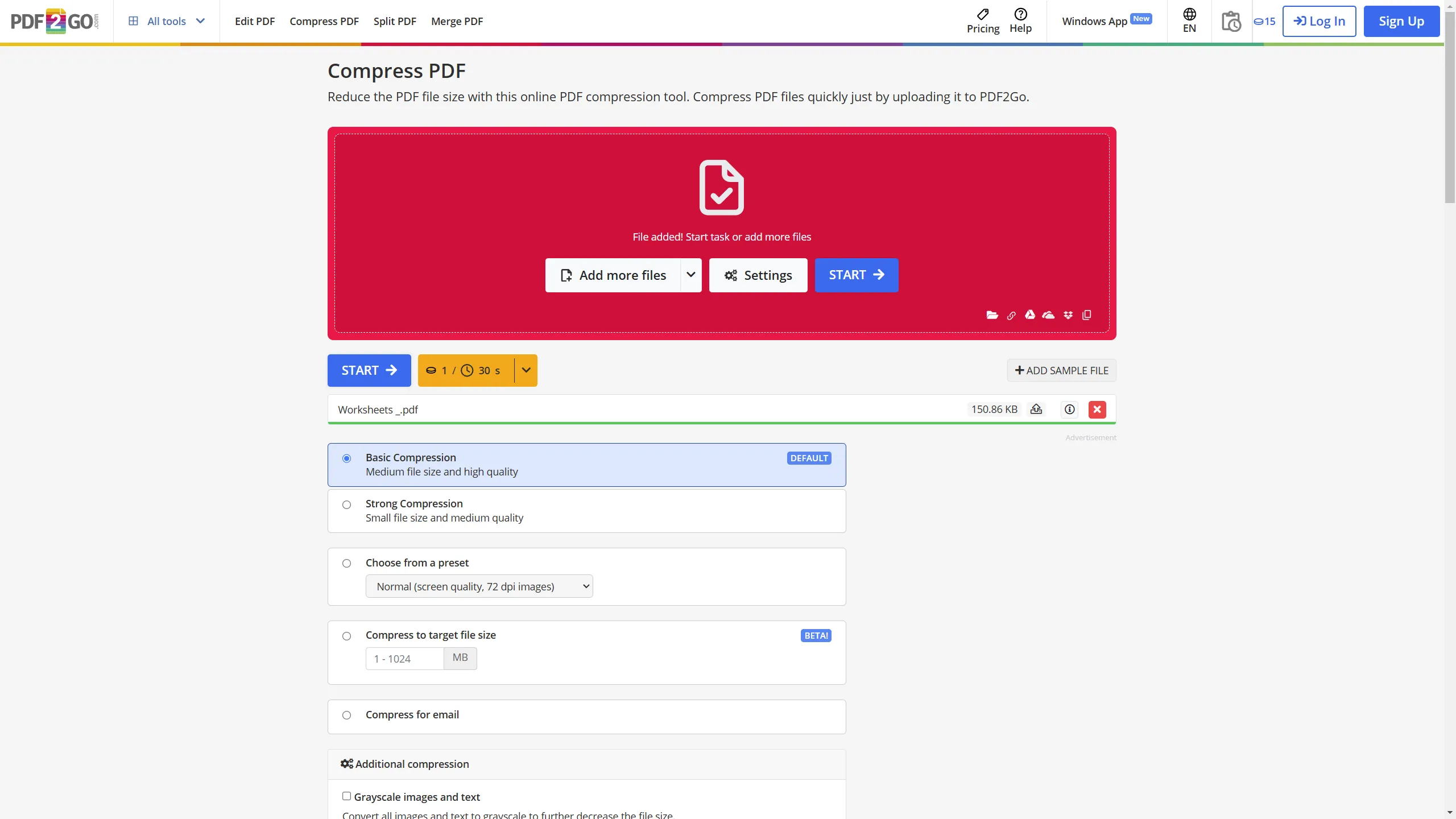 Giao diện công cụ nén PDF2Go cung cấp nhiều lựa chọn nén file PDF chuyên sâu