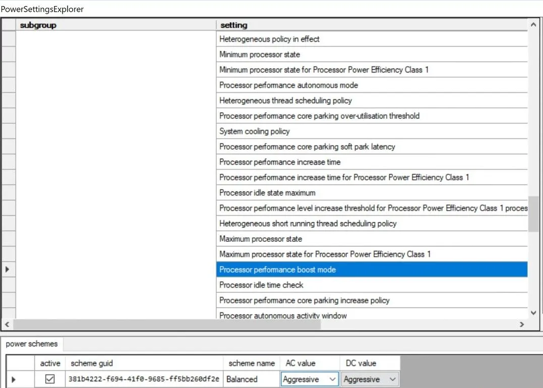 Giao diện công cụ Power Settings Explorer hiển thị tùy chọn Processor Boost Mode