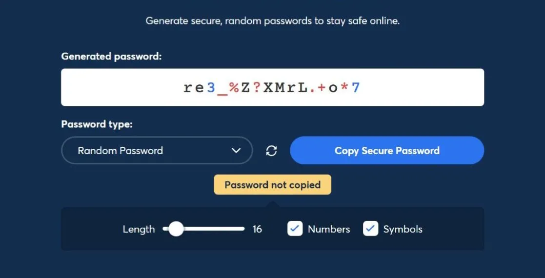 Giao diện công cụ tạo mật khẩu ngẫu nhiên của 1Password, hỗ trợ tạo mật khẩu mạnh và duy nhất