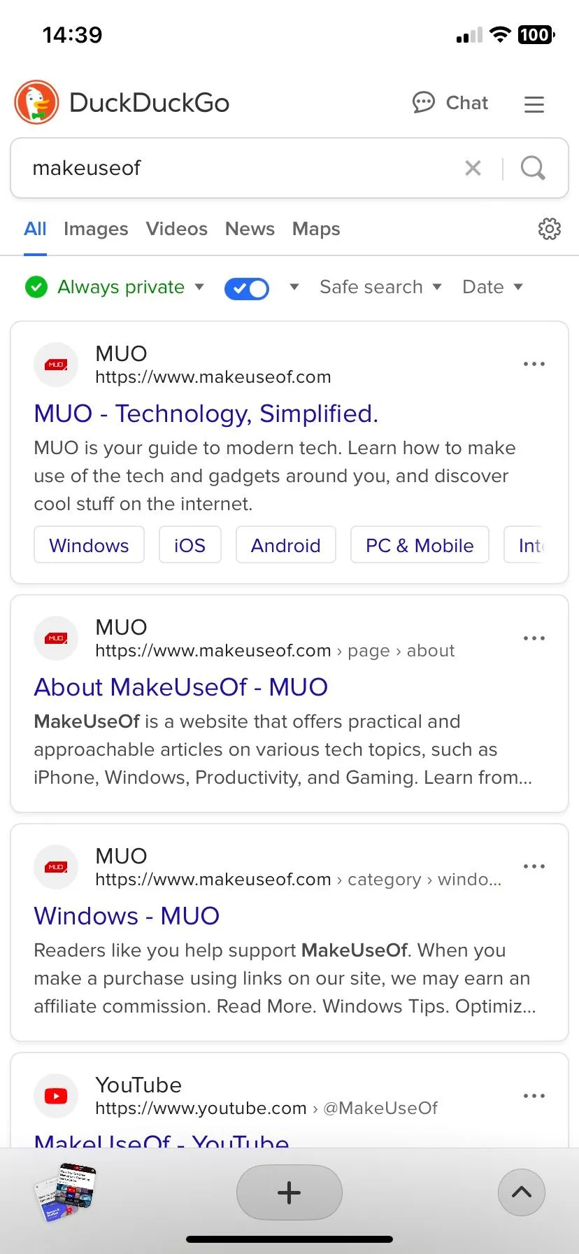 Giao diện công cụ tìm kiếm DuckDuckGo khi sử dụng trong trình duyệt Arc trên iPhone, nhấn mạnh khả năng bảo vệ quyền riêng tư.