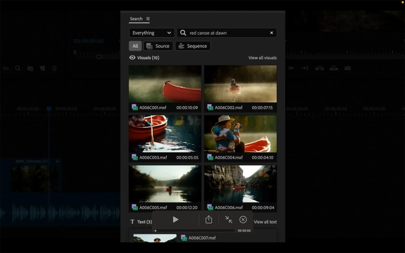 Giao diện công cụ tìm kiếm thông minh AI trong Adobe Premiere Pro, minh họa khả năng tìm kiếm video bằng từ khóa và metadata.