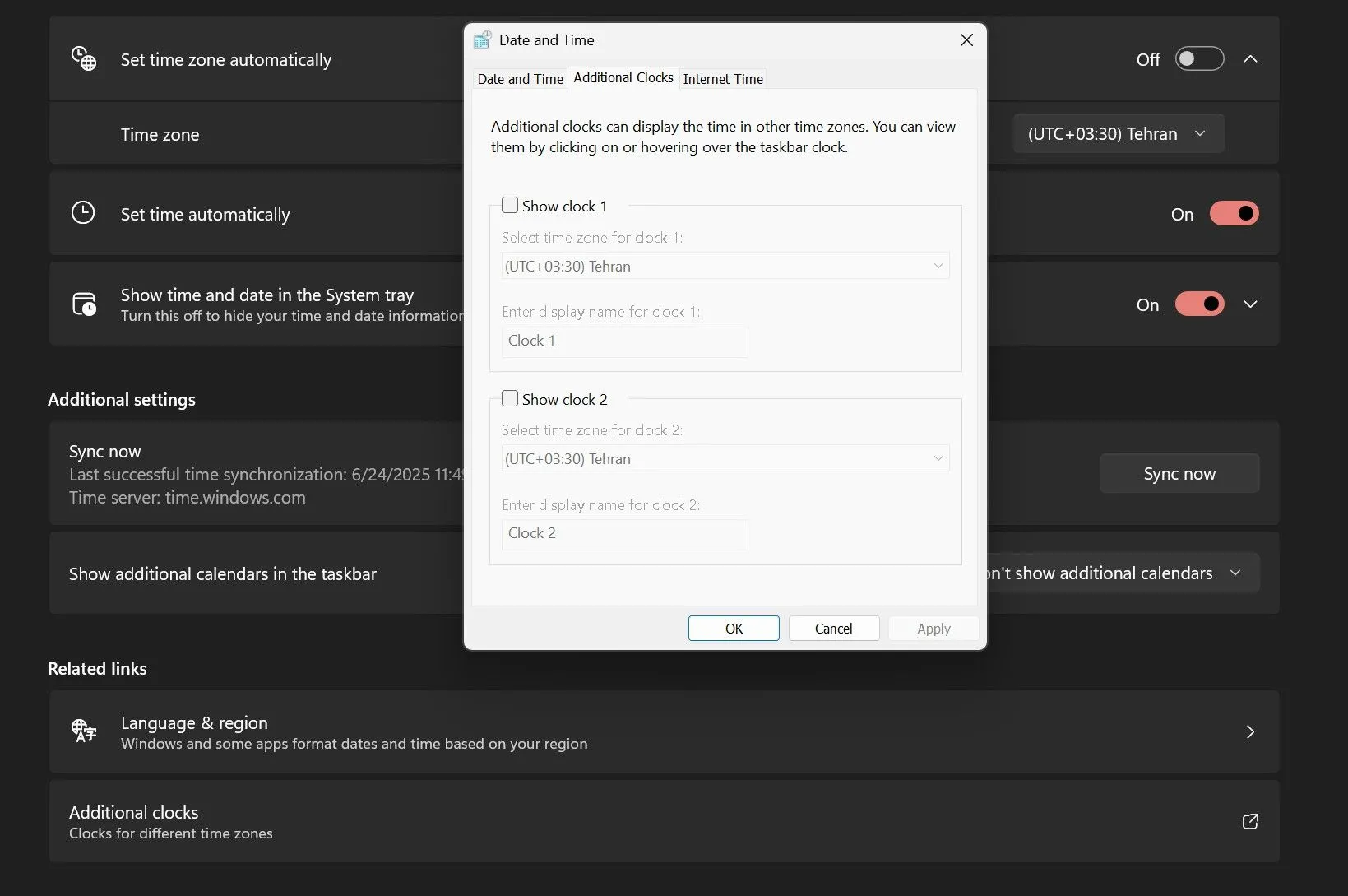 Giao diện Control Panel cổ điển khi thêm múi giờ phụ trong Windows 11, cho thấy sự chưa hoàn thiện của Settings.