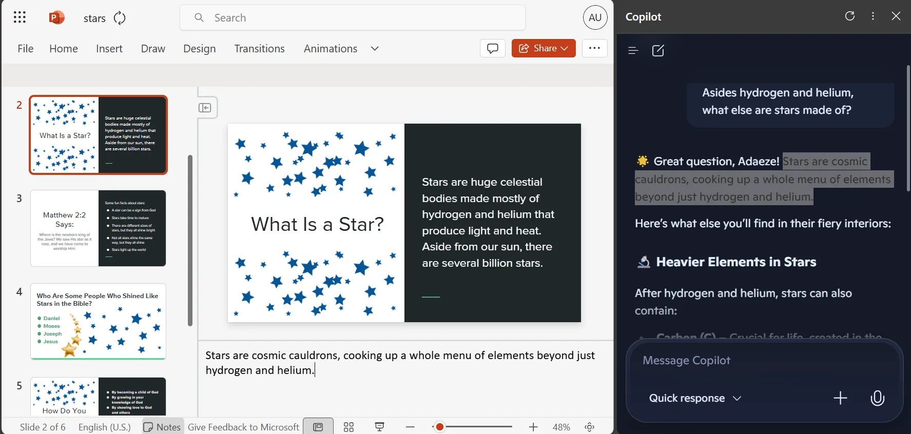Giao diện Copilot tích hợp bên cạnh một bài thuyết trình PowerPoint Online, cho thấy vị trí không tự nhiên và khả năng hỗ trợ AI trong phiên bản web.