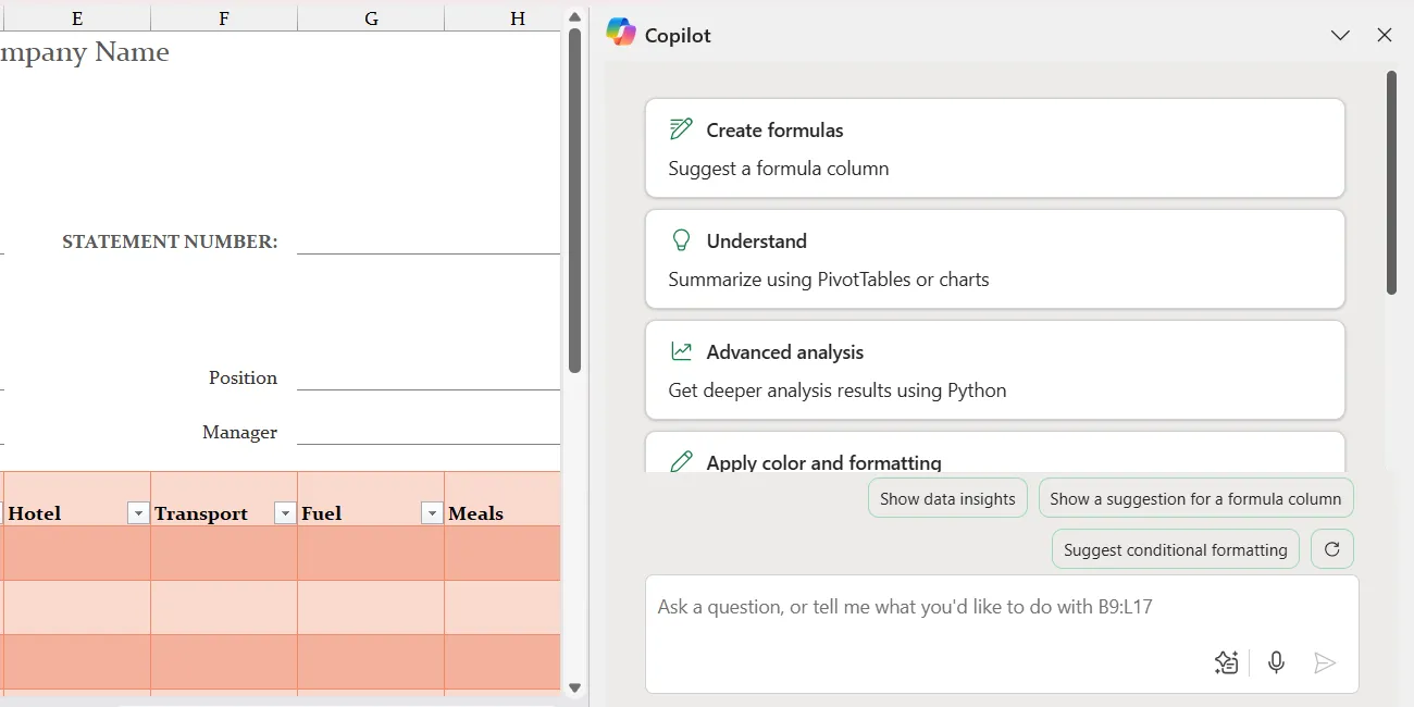 Giao diện Copilot tích hợp trong Excel 365