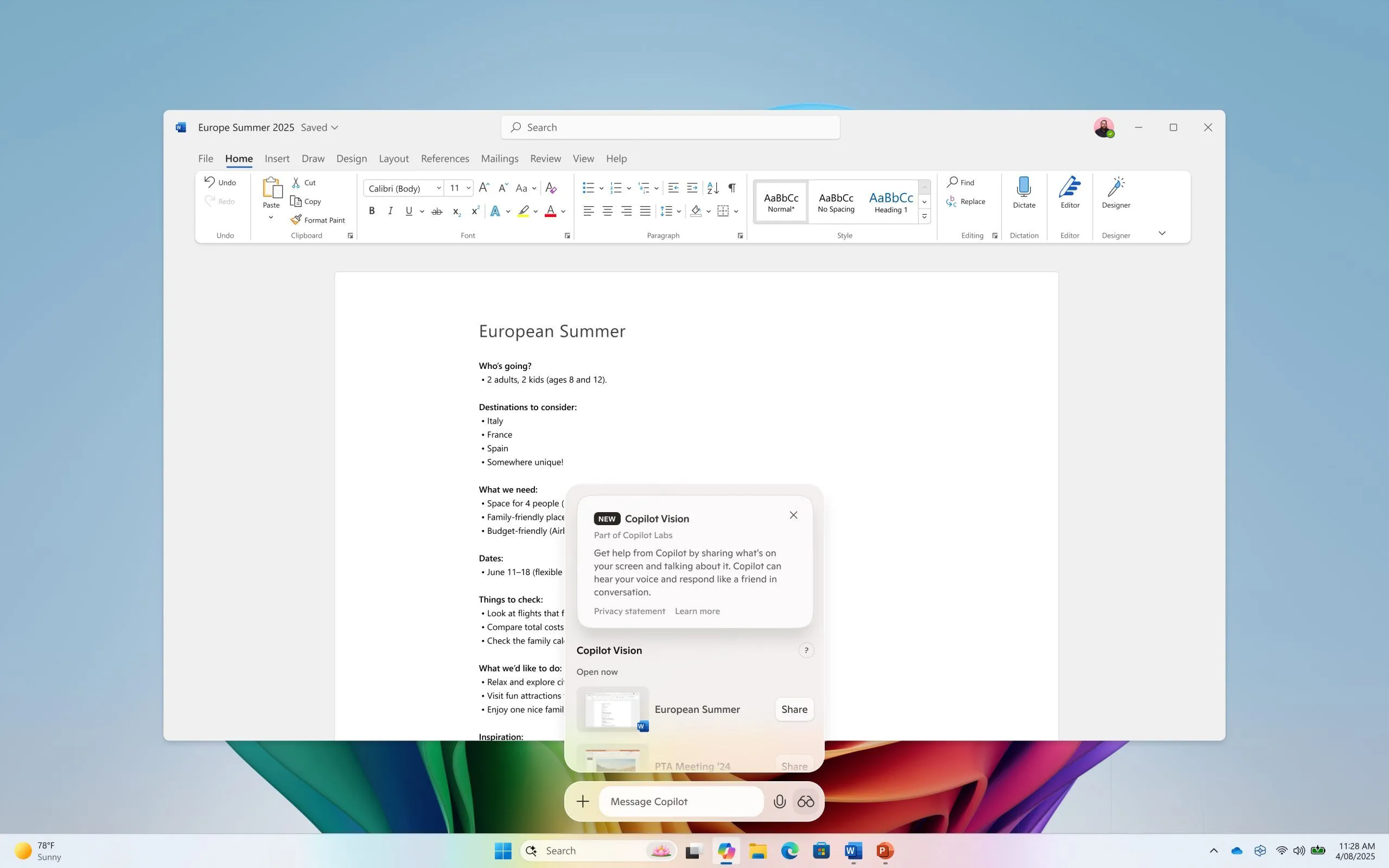 Giao diện Copilot Vision cho phép AI nhận diện và tương tác với nội dung hiển thị trên màn hình Windows