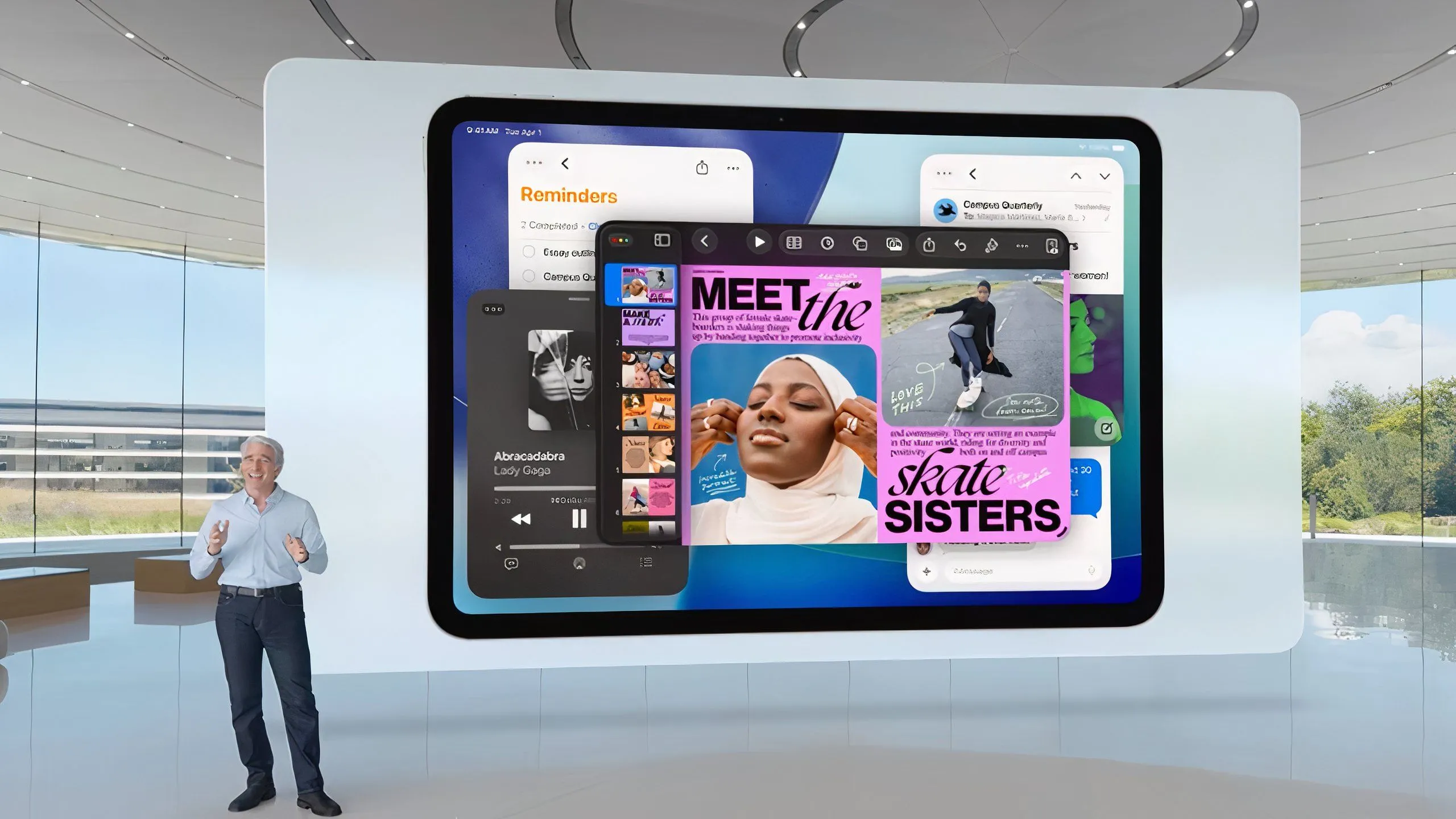 Giao diện đa nhiệm mới trên iPadOS 26 với các cửa sổ ứng dụng được sắp xếp linh hoạt và nút điều khiển kiểu Mac