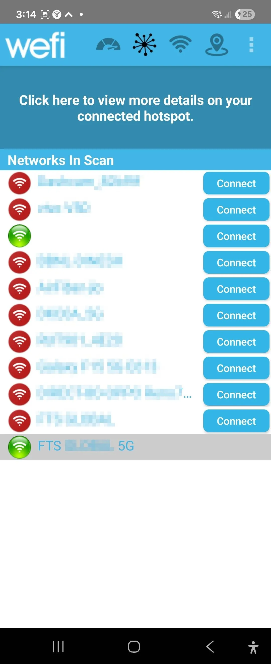 Giao diện danh sách điểm phát sóng Wi-Fi của ứng dụng WeFi trên Android