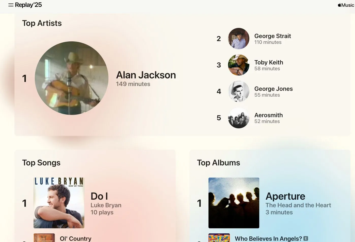 Giao diện danh sách phát Replay hàng tháng của Apple Music, tổng hợp những bài hát được nghe nhiều nhất