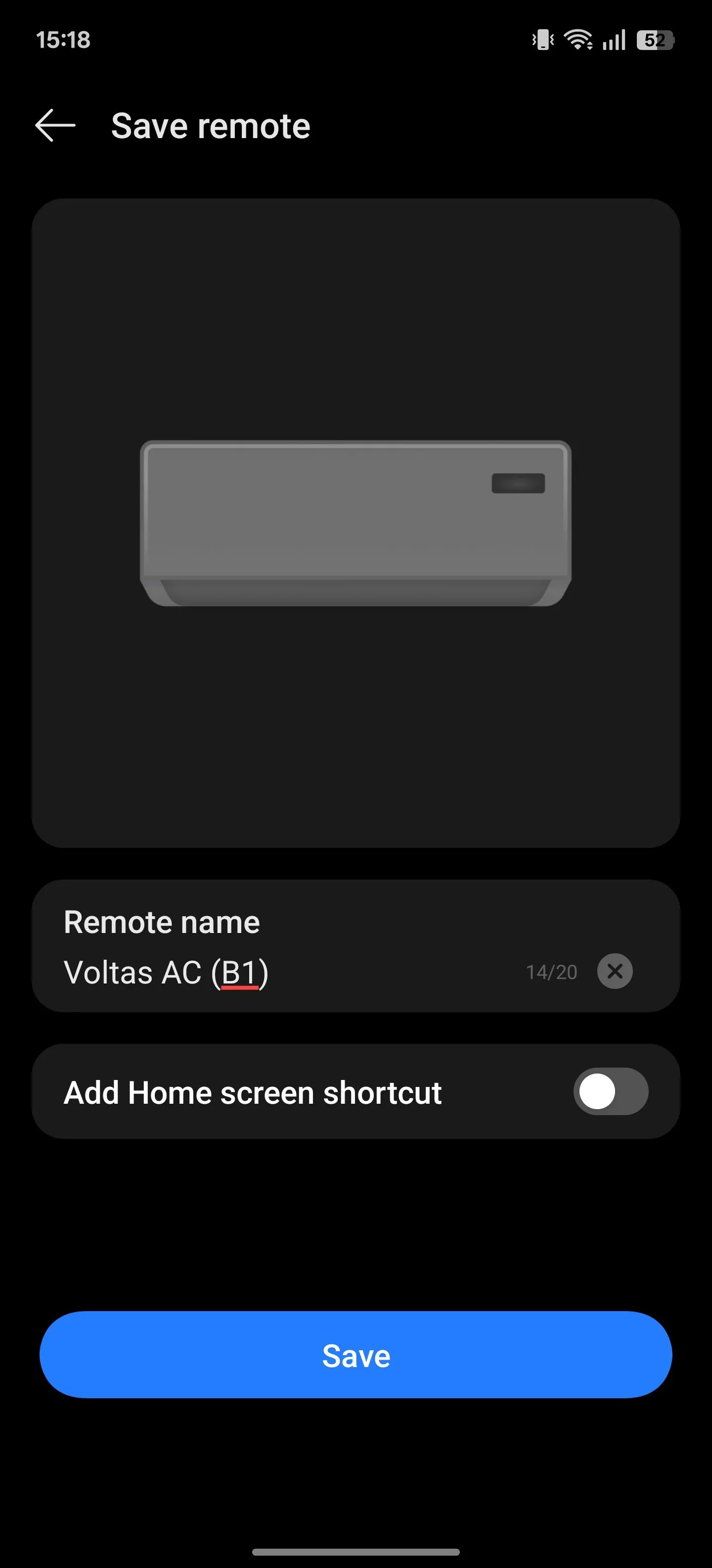 Giao diện đặt tên cho bộ điều khiển từ xa trong ứng dụng IR Remote, giúp người dùng dễ dàng quản lý các thiết bị đã được kết nối qua cổng hồng ngoại.