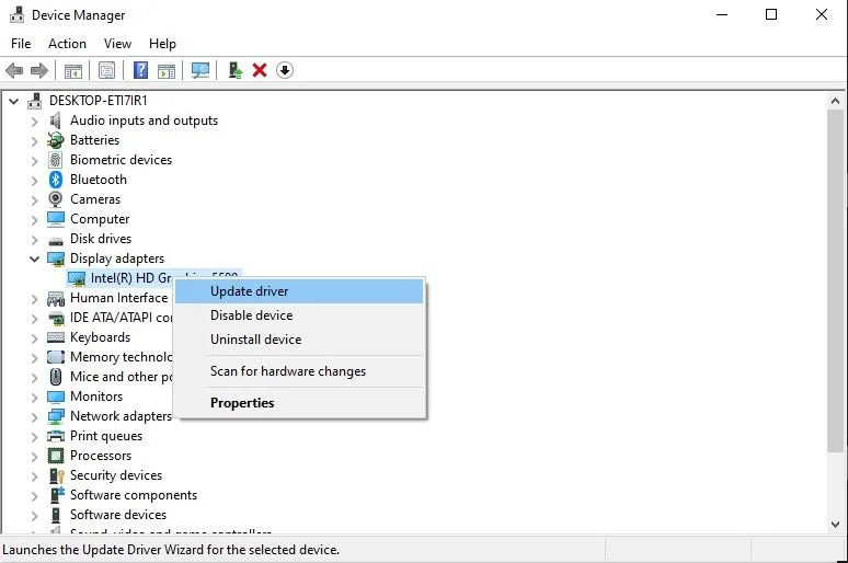 Giao diện Device Manager của Windows hiển thị tùy chọn cập nhật driver card đồ họa