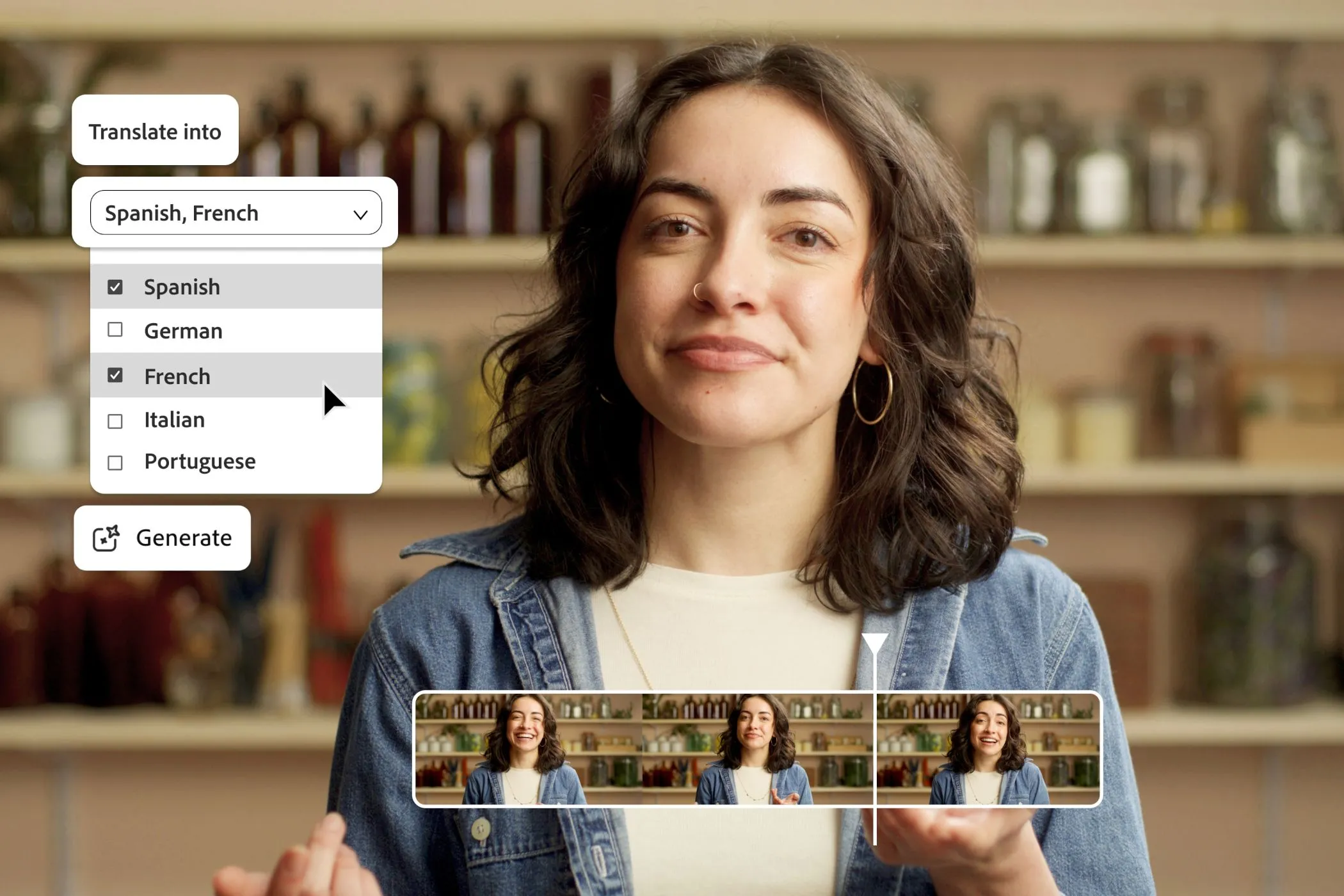 Giao diện dịch video của Adobe Firefly với menu lựa chọn ngôn ngữ và hình ảnh người phụ nữ đang nói