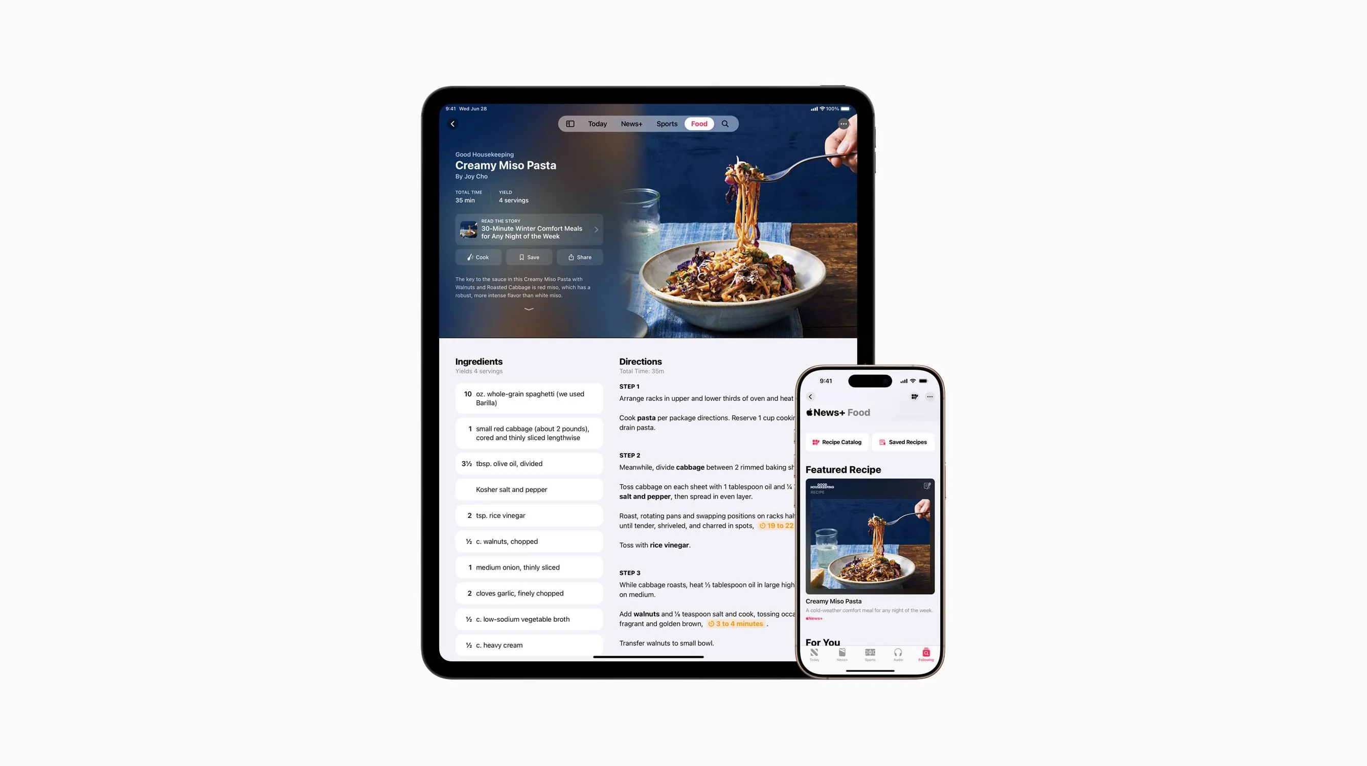 Giao diện dịch vụ Apple News+ Food hiển thị trên các thiết bị Apple như iPhone và iPad với nhiều công thức món ăn hấp dẫn
