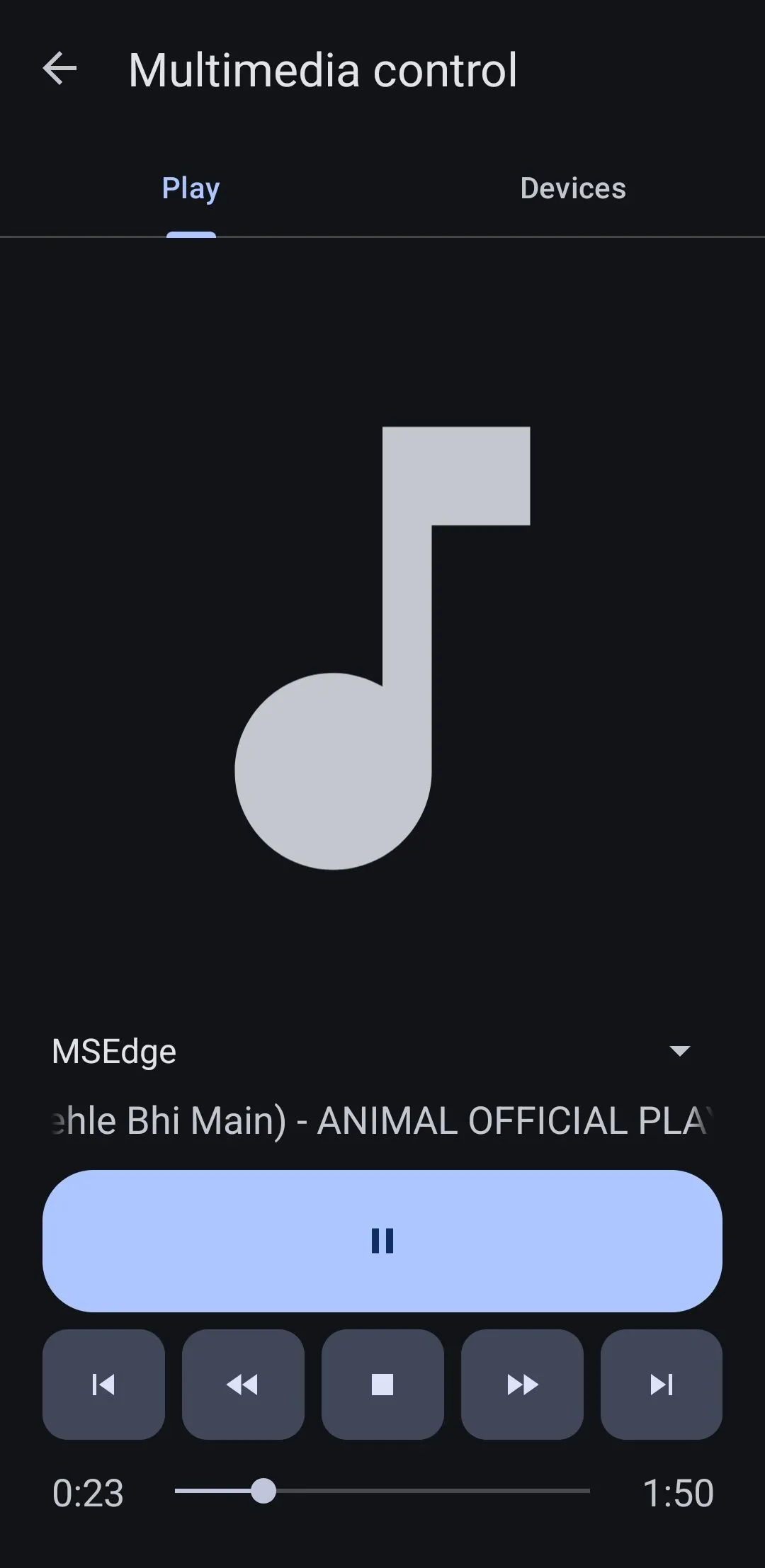 Giao diện điều khiển trình phát nhạc trên ứng dụng KDE Connect Android, cho phép quản lý đa phương tiện từ xa.