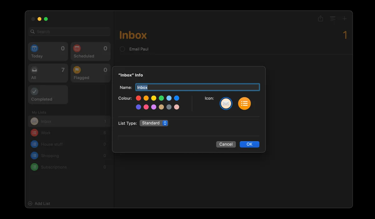 Giao diện đổi tên danh sách mặc định thành Inbox hoặc Capture trong ứng dụng Reminders trên macOS