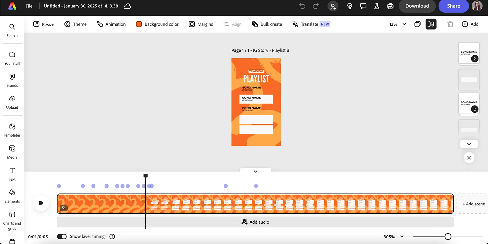 Giao diện dòng thời gian chỉnh sửa video của Adobe Express tích hợp các công cụ chỉnh sửa cơ bản như Premiere