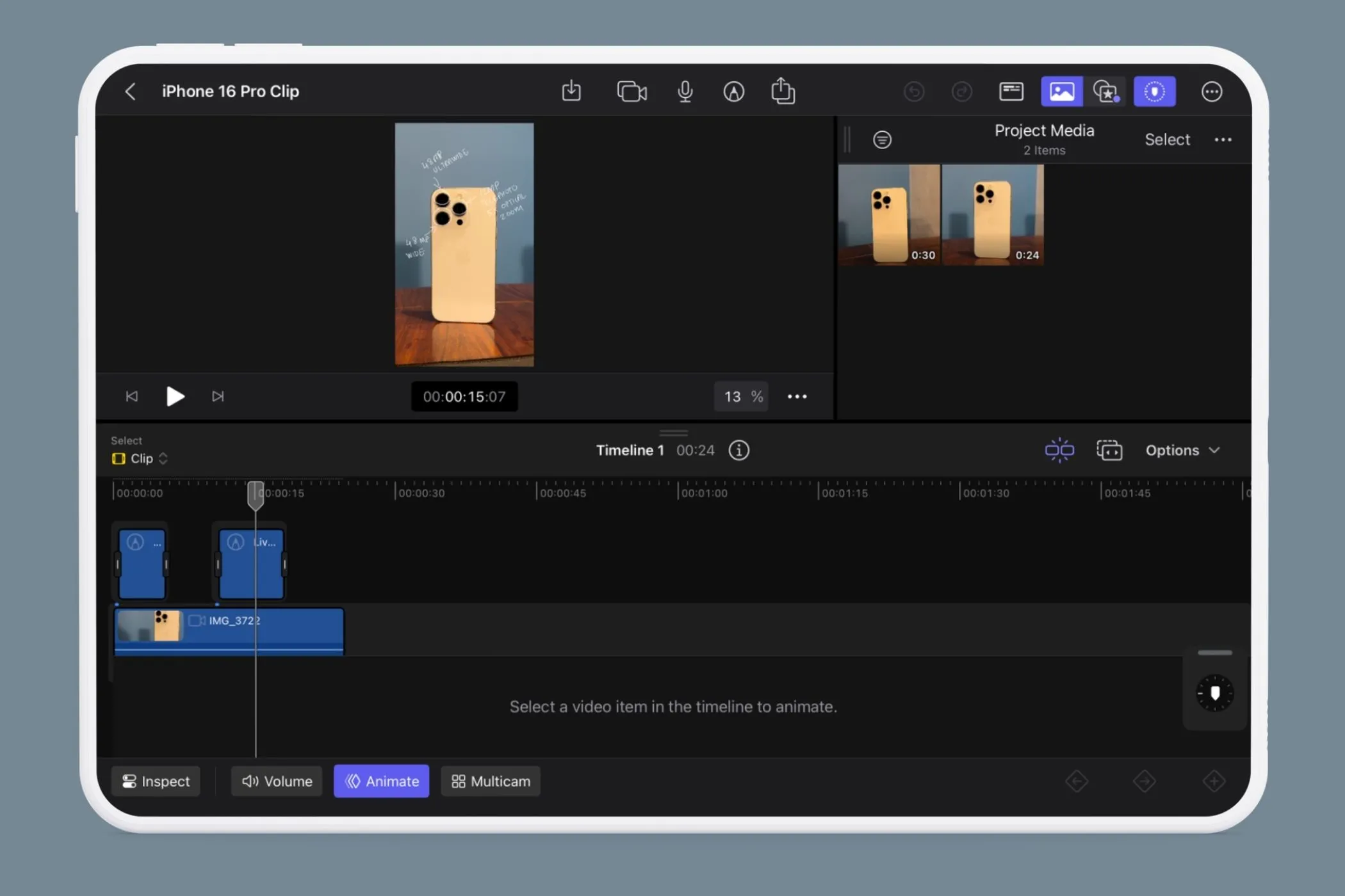 Giao diện Final Cut Pro trên iPad hiển thị timeline và biểu tượng Live Drawing