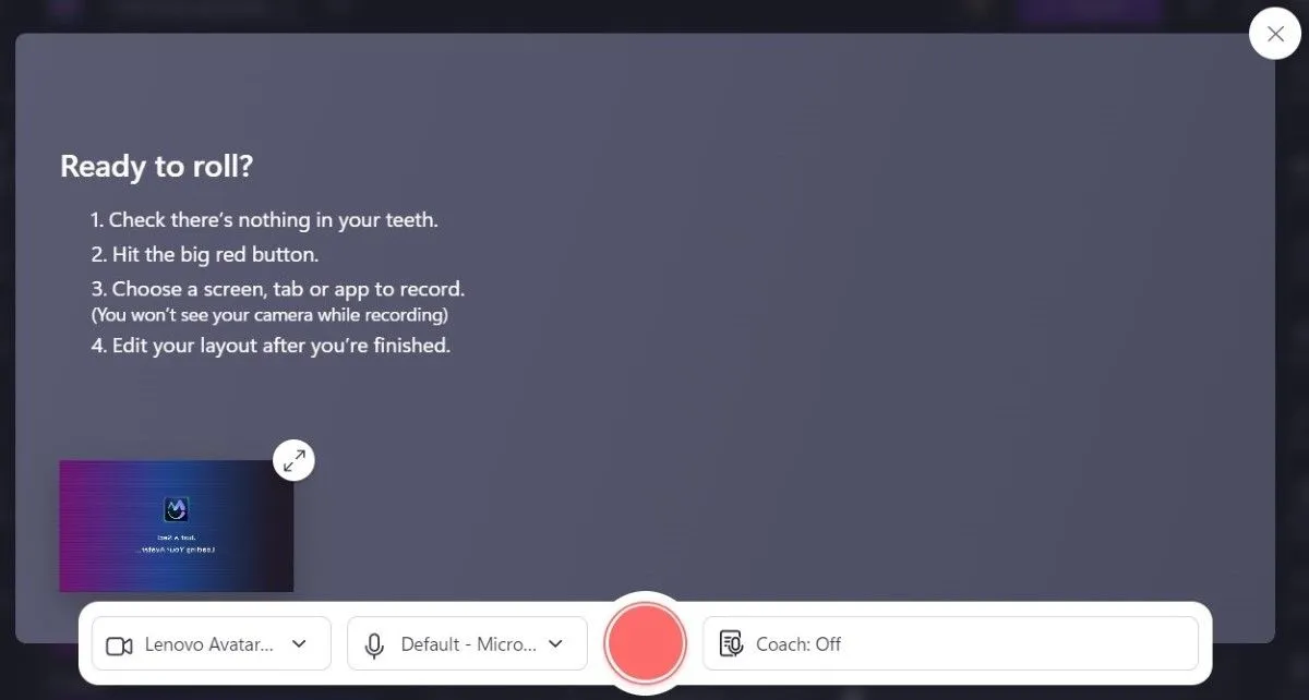 Giao diện ghi màn hình và webcam đồng thời trong Clipchamp
