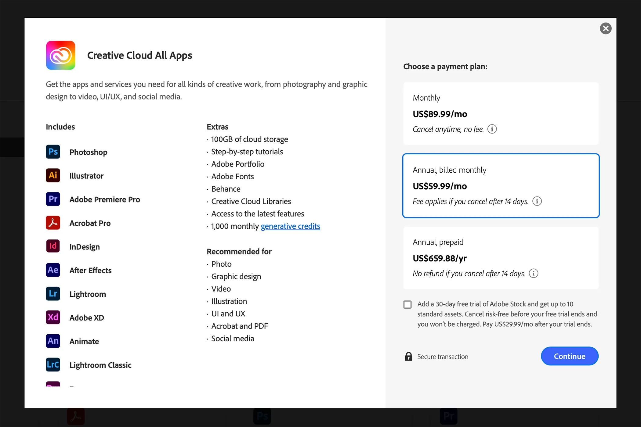 Giao diện gói Adobe Creative Cloud All Apps hiện tại