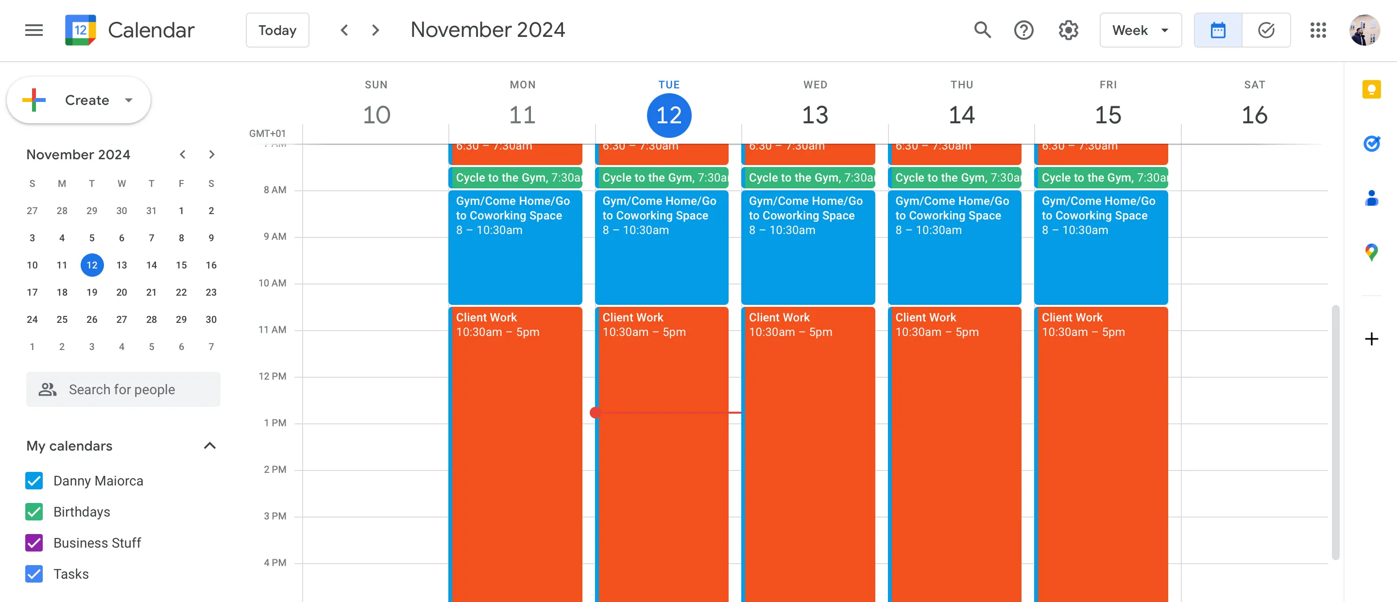 Giao diện Google Calendar minh họa phương pháp quản lý thời gian Time Blocking với các khối giờ cố định