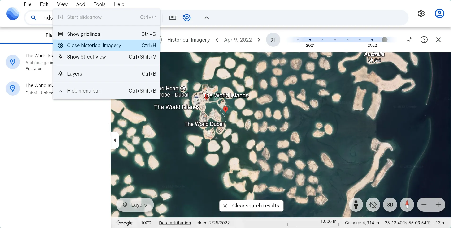 Giao diện Google Earth với tính năng Street View lịch sử, cho phép xem sự thay đổi của một địa điểm qua các năm bằng thanh trượt thời gian.