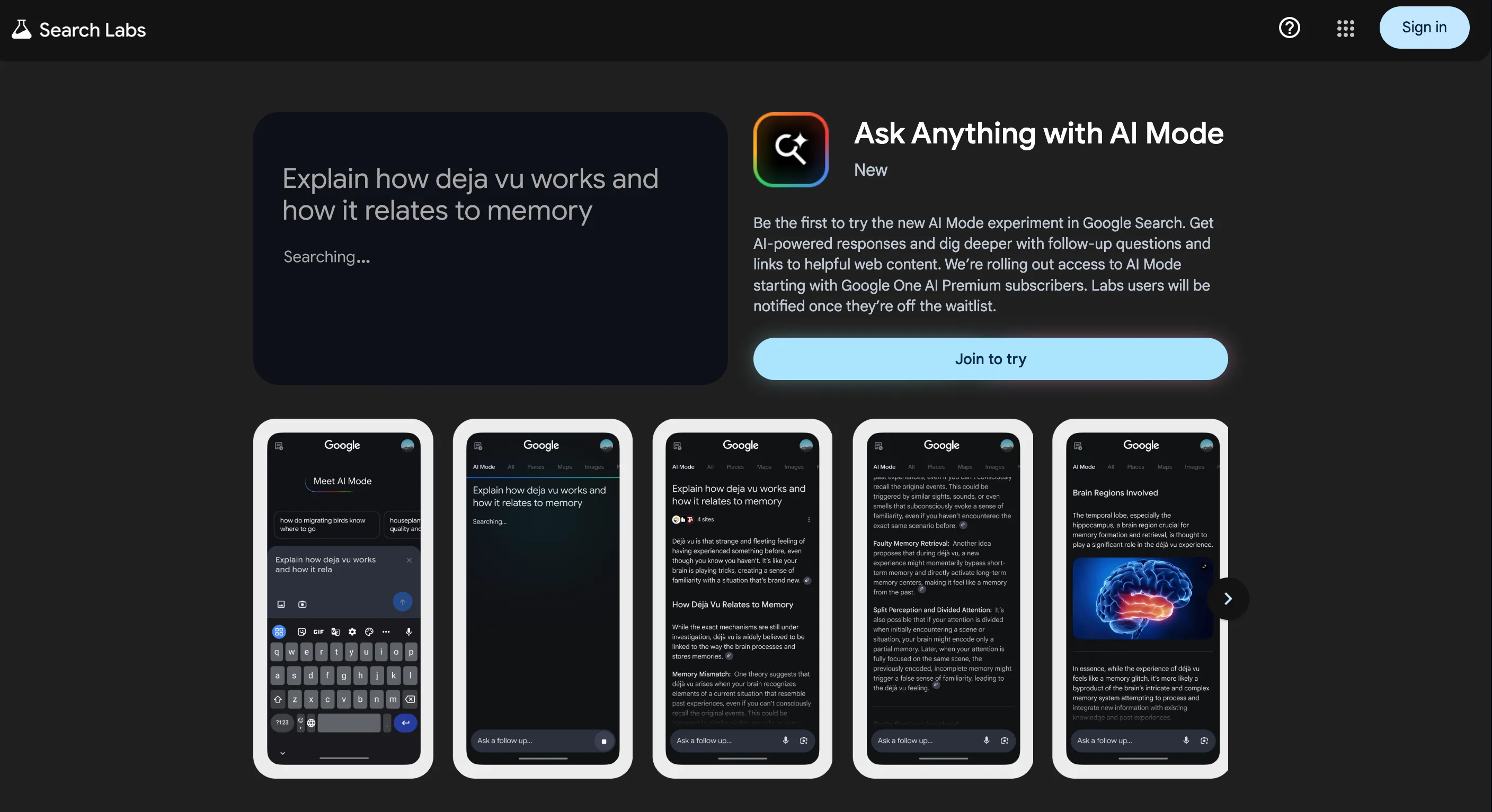 Giao diện Google Labs với tùy chọn tham gia danh sách chờ cho Google AI Mode Search