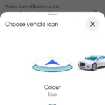 Giao diện Google Maps hiển thị biểu tượng mũi tên mặc định và ba tùy chọn biểu tượng xe cũ
