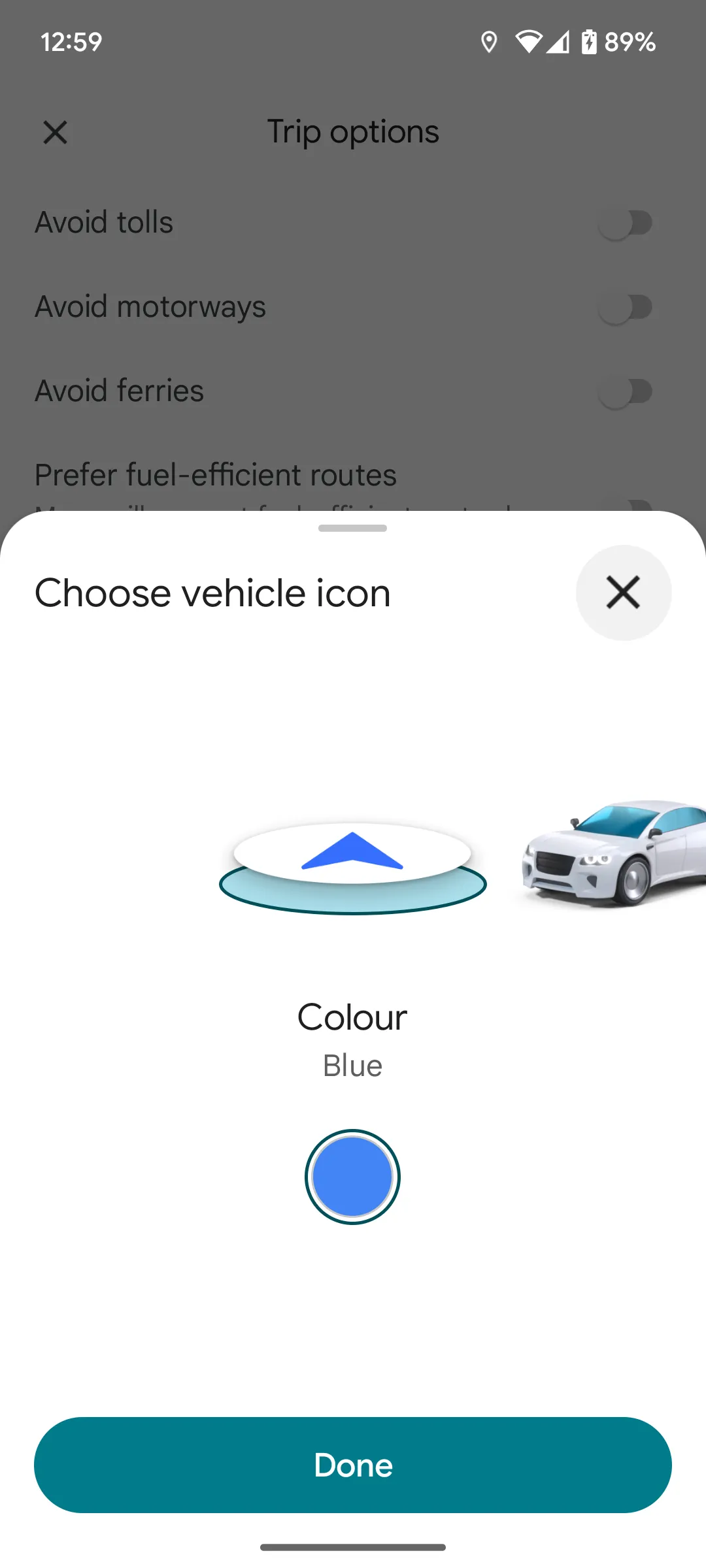 Giao diện Google Maps hiển thị biểu tượng mũi tên mặc định và ba tùy chọn biểu tượng xe cũ