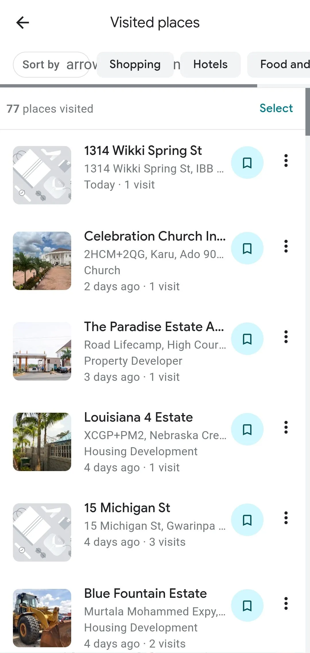 Giao diện Google Maps hiển thị các địa điểm đã ghé thăm trên Dòng thời gian của bạn