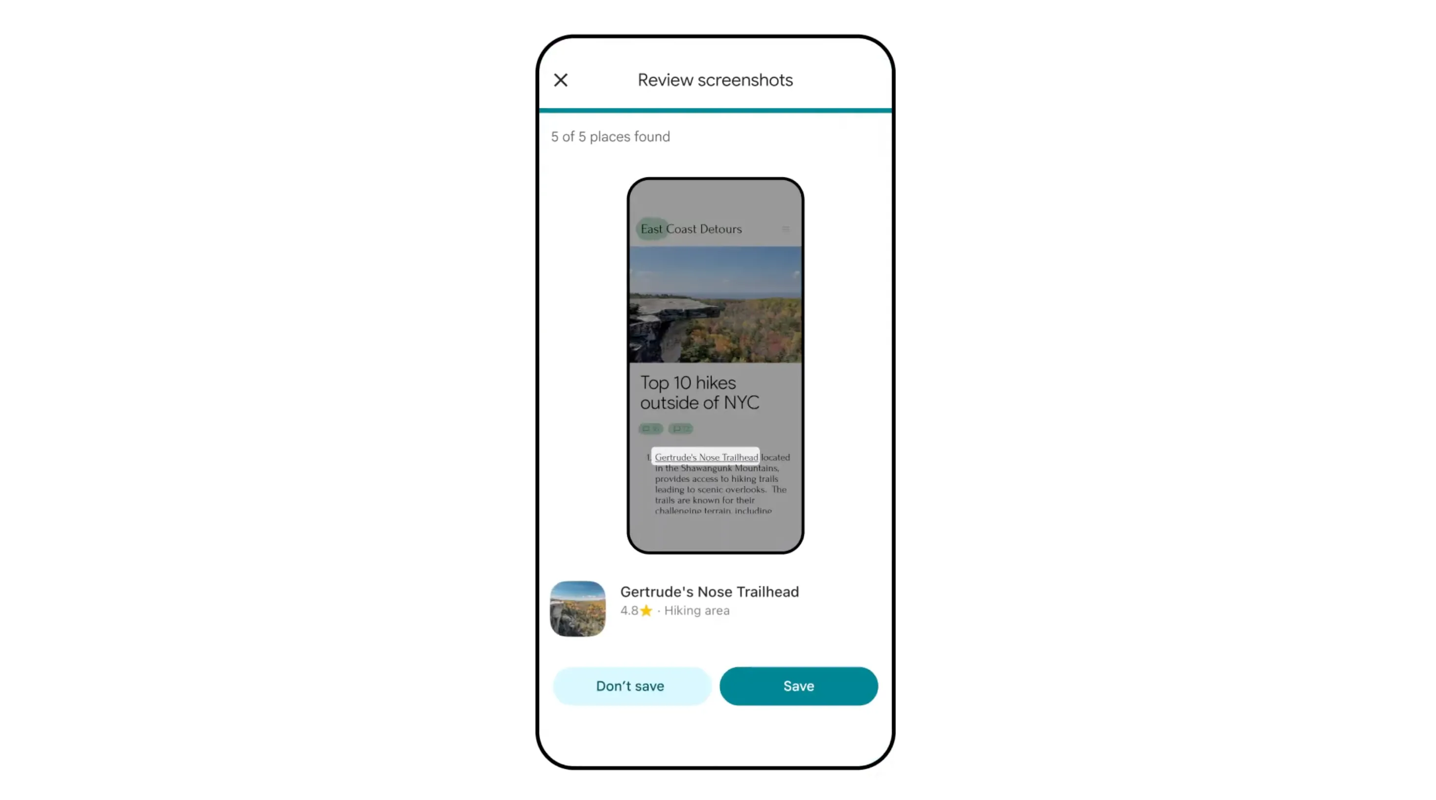 Giao diện Google Maps hiển thị tính năng "Review Screenshots" của Gemini giúp người dùng xem lại và lưu các ảnh chụp màn hình chứa địa điểm du lịch vào danh sách đã lưu.
