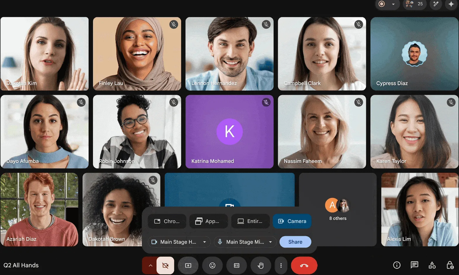 Giao diện Google Meet hiển thị tùy chọn trình chiếu trực tiếp từ camera ngoài và các cải tiến chia sẻ màn hình
