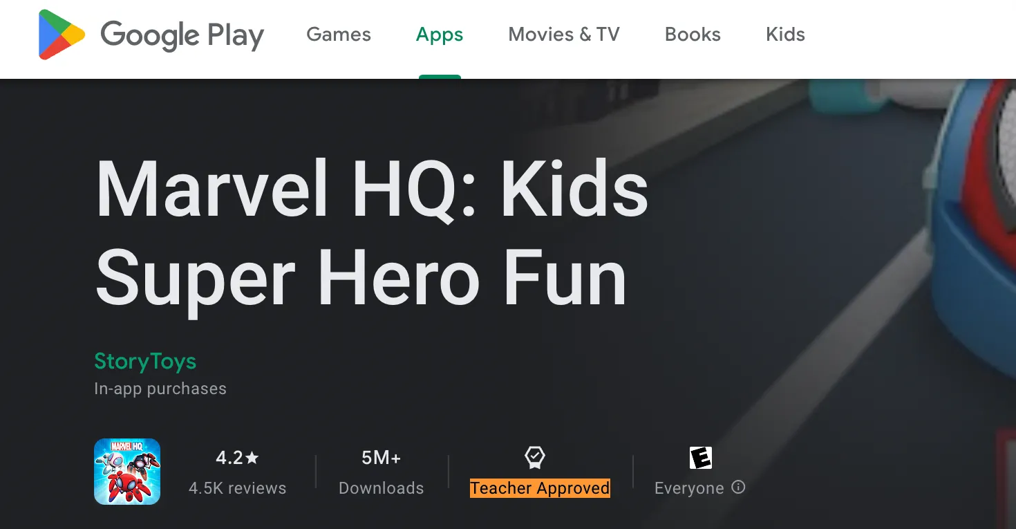 Giao diện Google Play Store hiển thị ứng dụng Marvel HQ cho trẻ em, kèm huy hiệu &quot;Teacher Approved&quot;, minh họa kho ứng dụng giáo dục dành cho Galaxy Watch.