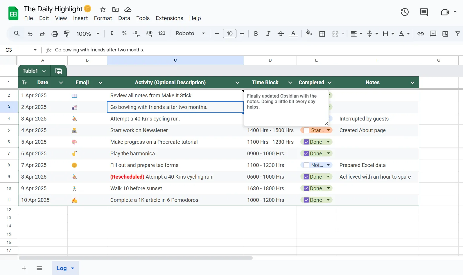 Giao diện Google Sheets hiển thị mục &quot;My Daily Highlight&quot;, minh họa cách ưu tiên nhiệm vụ quan trọng nhất hàng ngày bằng cách phân loại thành khẩn cấp, hài lòng hoặc thú vị.