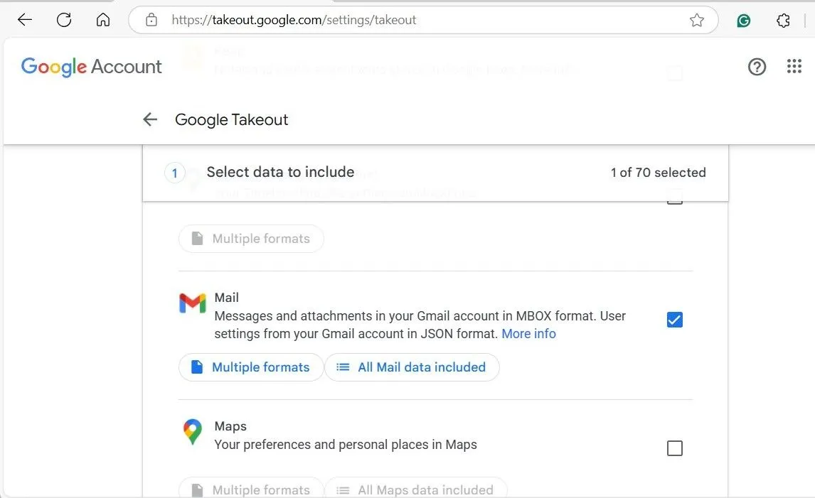 Giao diện Google Takeout hiển thị tùy chọn Mail đã được chọn để xuất dữ liệu Gmail