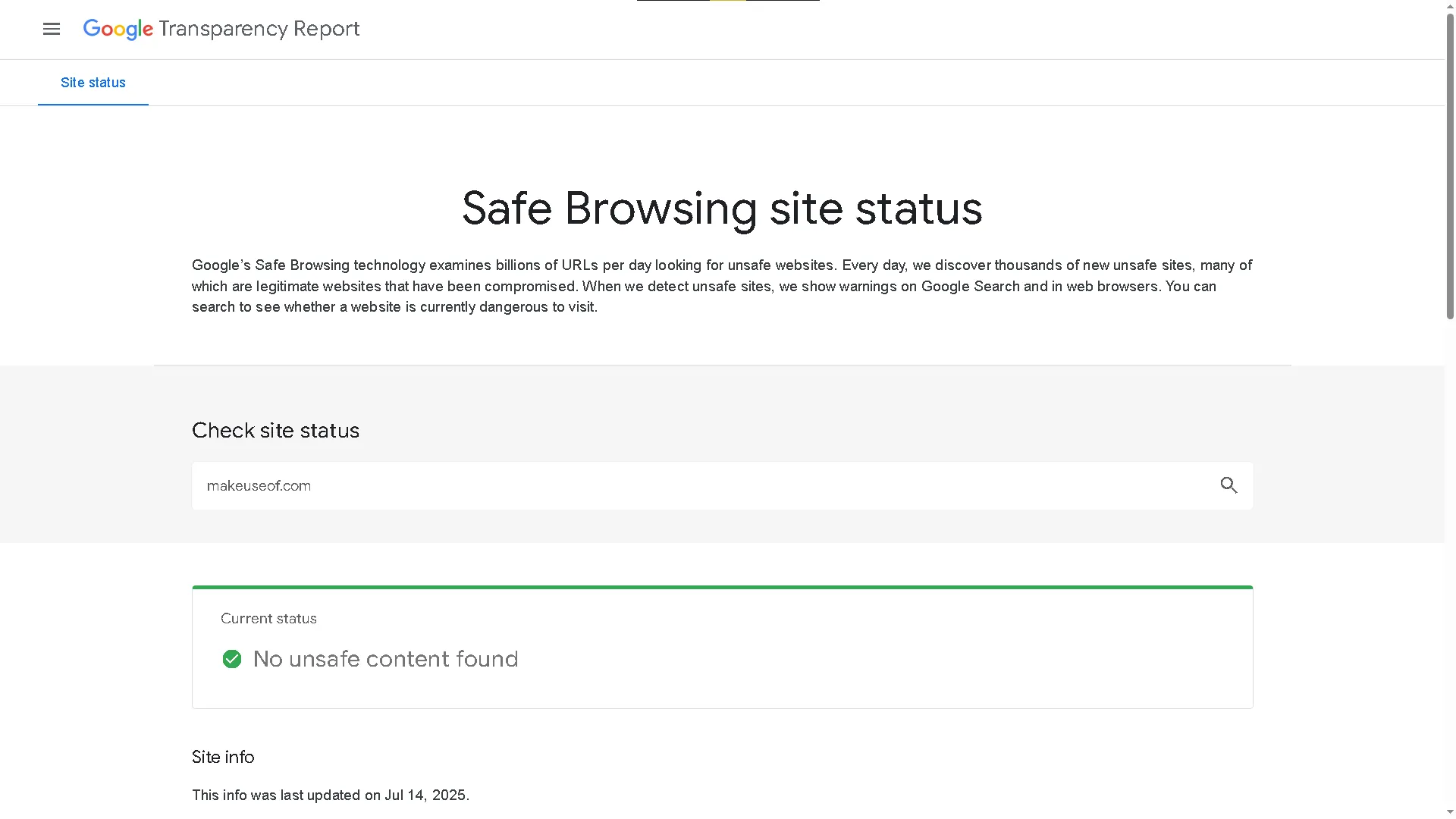 Giao diện Google Transparency Report kiểm tra độ an toàn của một trang web.