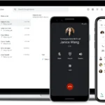 Giao diện Google Voice trên nhiều thiết bị như điện thoại thông minh và máy tính bảng, hiển thị khả năng gọi và nhắn tin đa nền tảng.