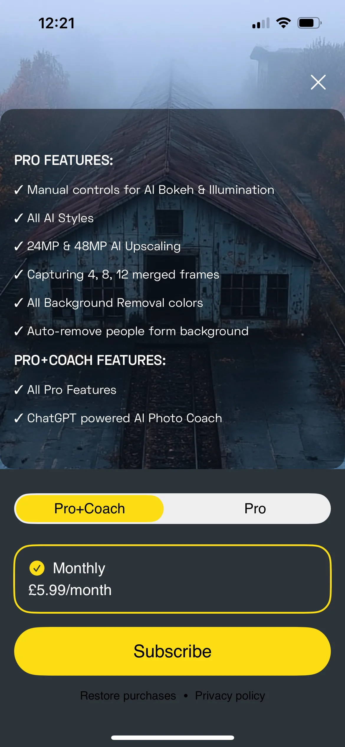 Giao diện hiển thị các tính năng nâng cao của NeuralCam Pro và tùy chọn PhotoCoach