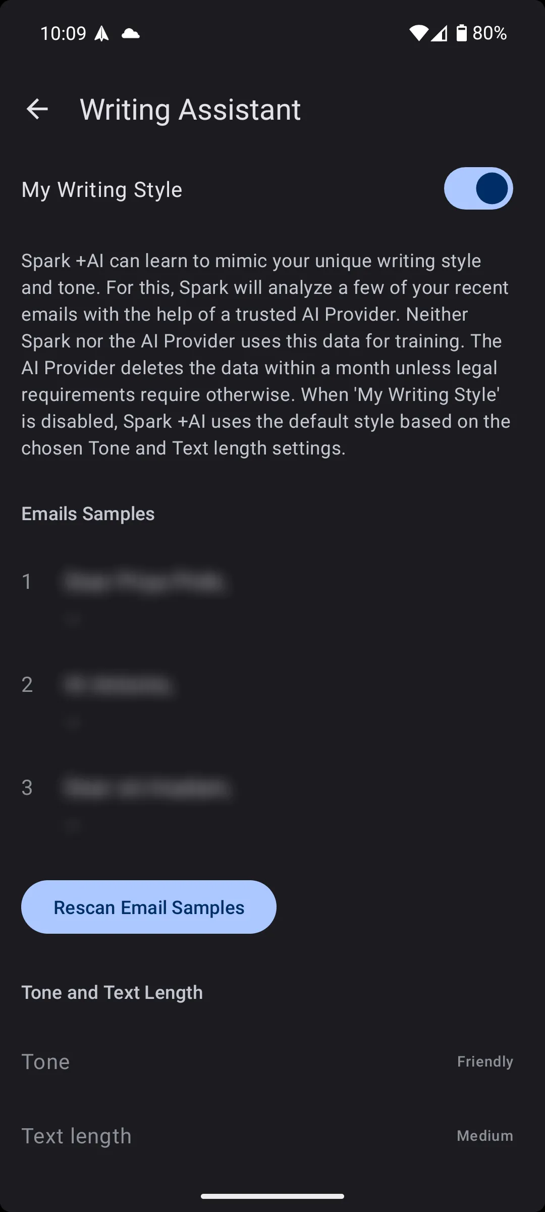 Giao diện hỗ trợ viết của Spark Mail +AI, hiển thị các tùy chọn để AI học hỏi văn phong người dùng