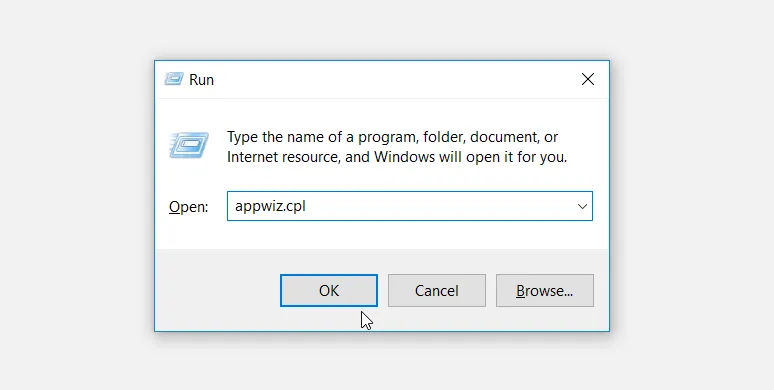 Giao diện hộp thoại Run và lệnh appwiz.cpl để mở Programs and Features trên Windows
