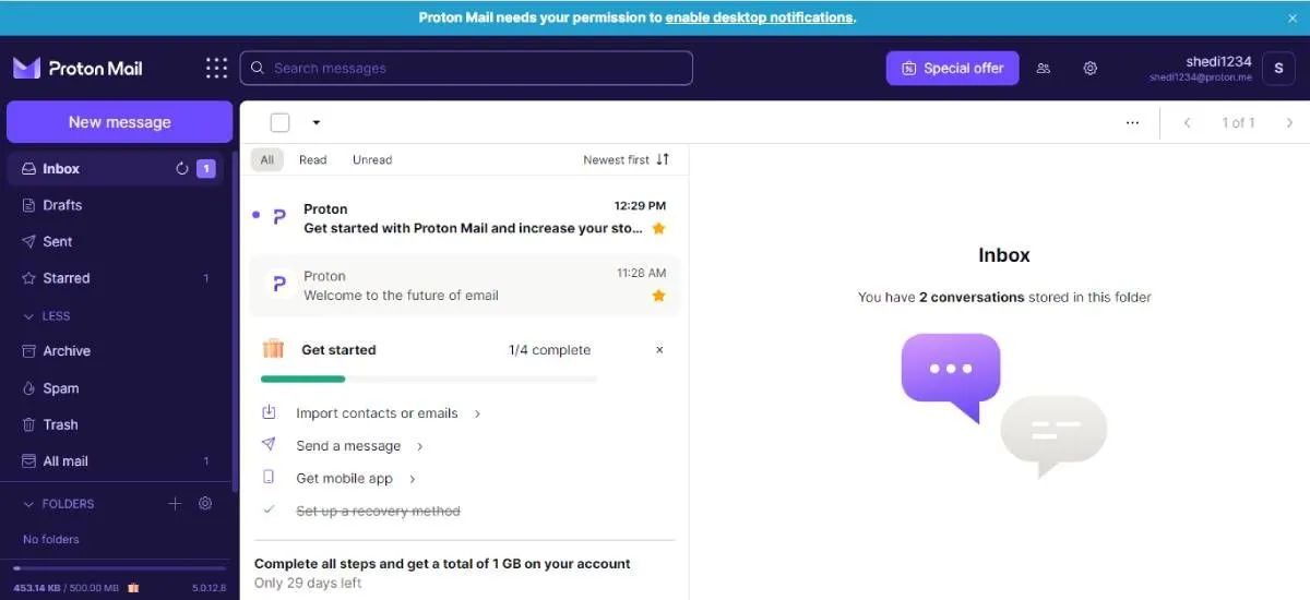 Giao diện hộp thư đến của Proton Mail với thiết kế hiện đại và gọn gàng