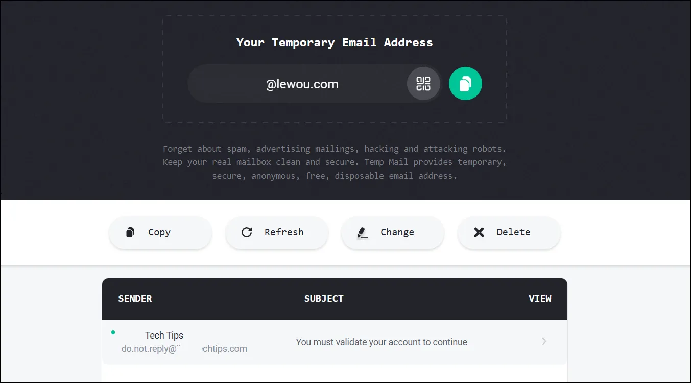 Giao diện hộp thư đến của Temp-Mail với các email kích hoạt và quảng cáo tạm thời