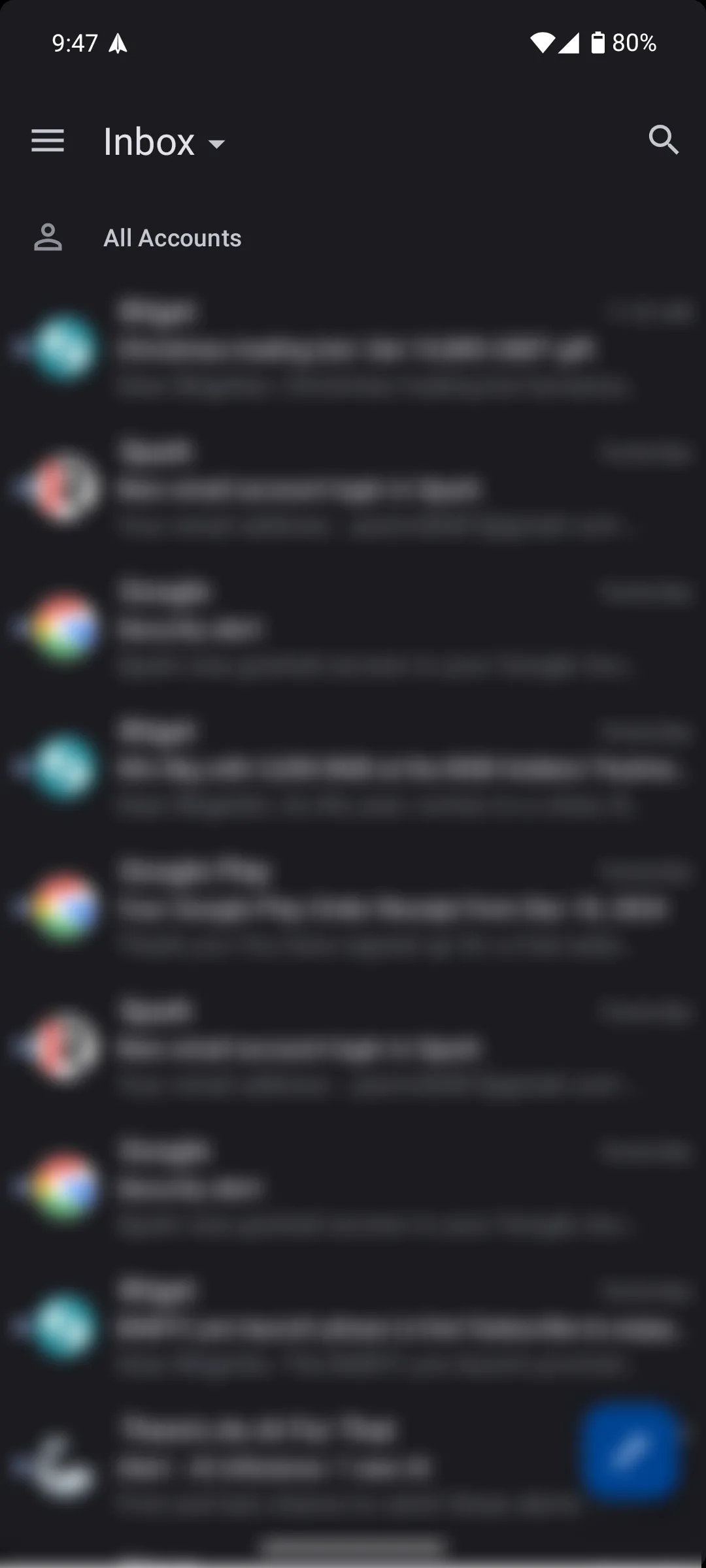 Giao diện hộp thư đến ở chế độ Classic view của Spark Mail trên Android, hiển thị email theo thứ tự thời gian